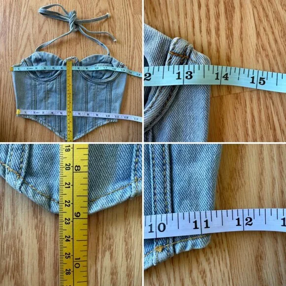 Petite Light Blue Wash Denim Corset Top Size 00 Halter Neck PrettyLittleThing - Picture 4 of 7
